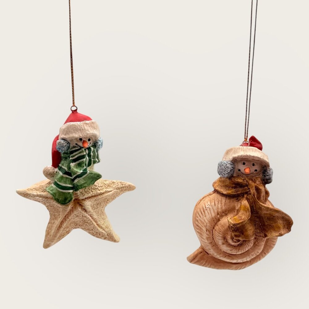 Set of 2 Snowman Starfish Ornament and Snowman Seashell Christmas Tree Ornaments